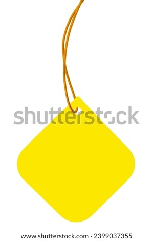 Blank Yellow Cardboard Sale Tag And Golden String, Empty Square Price Label Background, Vertical Isolated Detailed Hanging Badge Copy Space Macro Closeup, Large Rounded Corners
