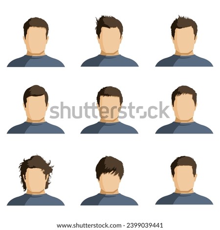 Vector Set of Flat Man Faces with Different Hairstyles. Minimalistic Userpics.