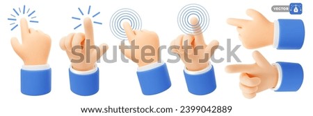 Set of 3d realistic icon of hand which touch surface or screen, click the button or points to something with the index finger. Touchscreen gesture. Isolated Vector illustration Royalty-Free Stock Photo #2399042889