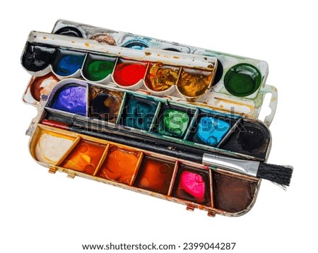palette with watercolor paints close-up, macro, colorful background of the artist's palette, drawing, study for children