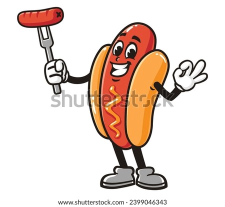 Hot dog holding a fork with okay hands cartoon mascot illustration character vector clip art