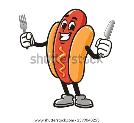 Hot dog is holding a fork and knife cartoon mascot illustration character vector clip art