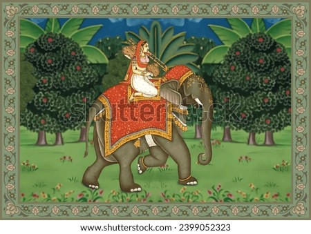 Mughal Miniature Painting. Mughal Queen riding Elephant Miniature Painting Rajasthan, Udaipur. Royalty-Free Stock Photo #2399052323