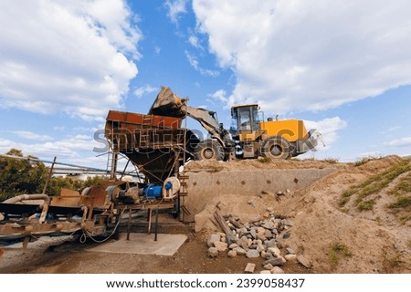 Sand quarry, Industrial plant with belt conveyor in open pit mining. Construction site, Industry machine for stone crusher.