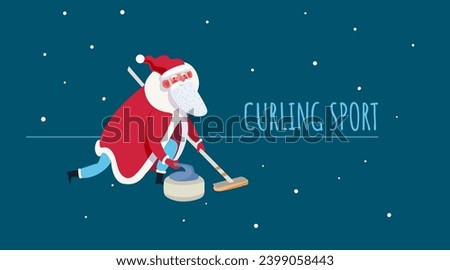 Santa Claus plays curling isolated illustration. Cartoon Santa Claus pushes a stone towards a target.