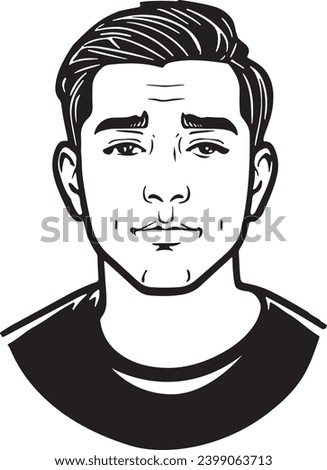 Head of a man. Black and white portrait of a young man. Character avatar icon. Flat isolated illustration on white background.