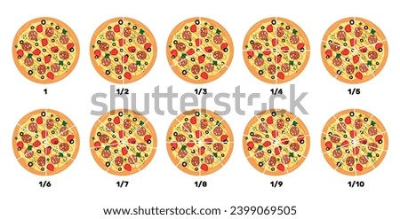 Pizza with fractions. Food pieces. Mathematical calculations. Meal rate. Children education. Whole pepperoni. Baking slice diagram. Italian cuisine. Pizzeria restaurant
