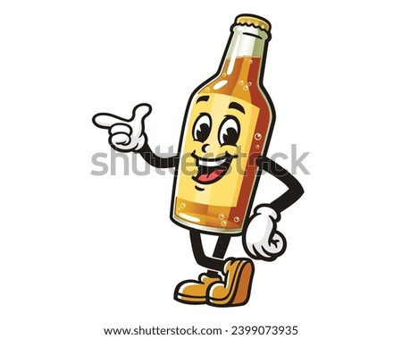 Beer Bottle with pointing hand cartoon mascot illustration character vector clip art