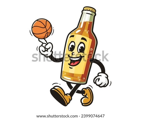 Beer Bottle playing basketball cartoon mascot illustration character vector clip art