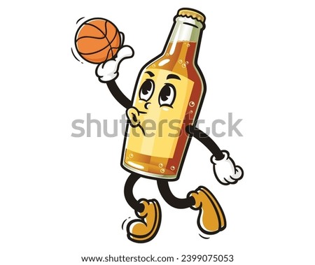 Beer Bottle playing basketball slam dunk cartoon mascot illustration character vector clip art