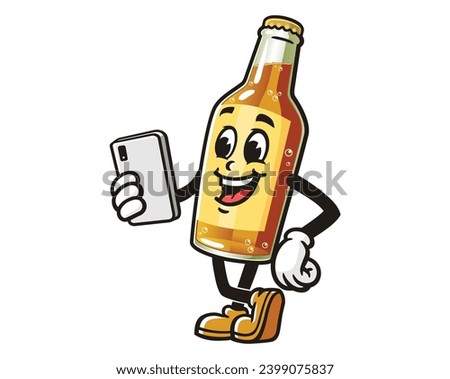 Beer Bottle is playing gadget cartoon mascot illustration character vector clip art