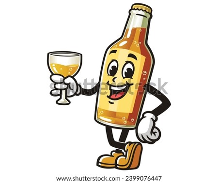 Beer Bottle is holding a glass cartoon mascot illustration character vector clip art