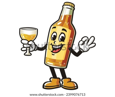 happy Beer Bottle is holding a glass cartoon mascot illustration character vector clip art