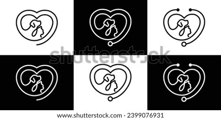 Love Pet Care Logo Design. Dog Cat and Love Concept with Outline Lineart Style. Icon Symbol Vector Design Template.