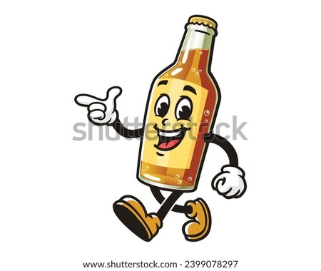 walking Beer Bottle with pointing hand cartoon mascot illustration character vector clip art
