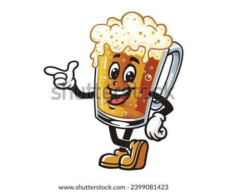 Beer Glass Mug with pointing hand  cartoon mascot illustration character vector clip art