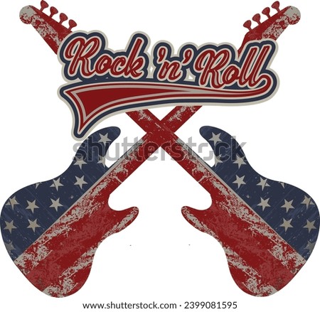 Rock 'n' roll - banner, logo, emblem, label or design element. Creative lettering with an electric guitar. 