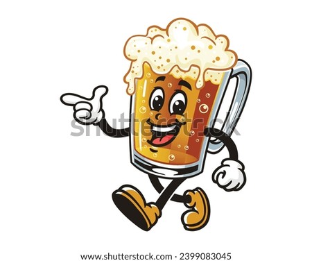 Walking Beer Glass Mug with pointing hands cartoon mascot illustration character vector clip art