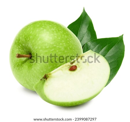 single green apple with green leaves isolated on white background. clipping path