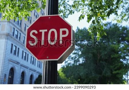 Red Stop Sign Amidst Trees with Road and Warning Signage