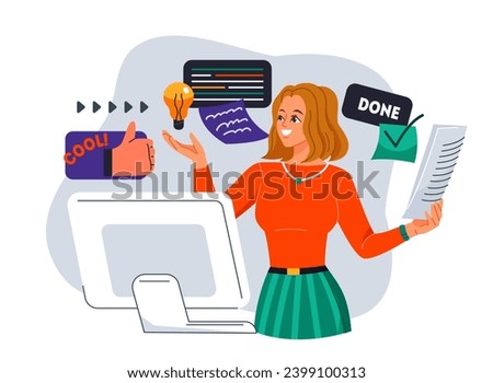 Person building career. Creative woman entrepreneur comes up with ideas for business development. Professional growth and productivity. Cartoon flat vector illustration isolated on white background