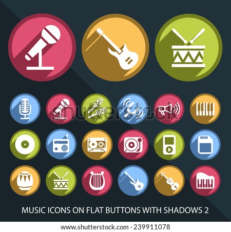 Set of Universal and Standard White Music Icons on Flat Circular Colored Buttons with Shadows 2 on Black Background ( isolated elements )
