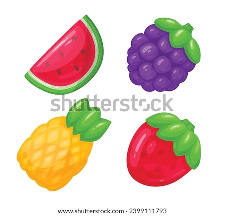 Fruity gummies. Cartoon jelly candies, chewy jelly candy sweets with watermelon, pineapple, strawberry and blackberry flavor flat vector illustration set. Jelly candies collection Royalty-Free Stock Photo #2399111793