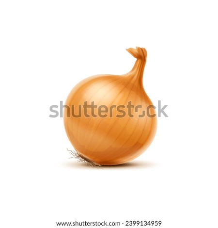 Isolated realistic yellow raw onion, whole vegetable. 3d vector versatile veggie with husk and layers of pungent, crisp flesh. Healthy food, bulb, used in various cuisines, and cooking culinary dishes Royalty-Free Stock Photo #2399134959