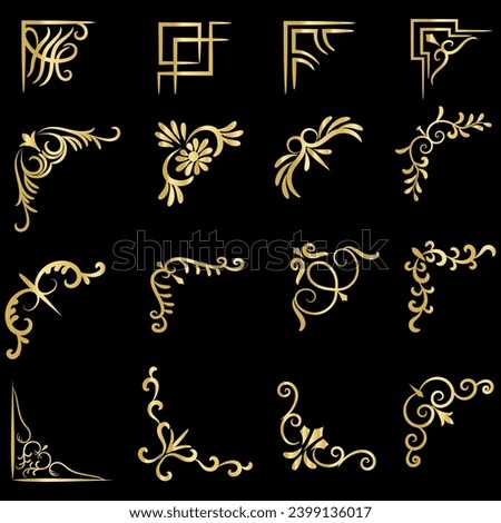 Gold vector illustration of decorative corner frame set. Hand Draw of Corners Different Shapes golden corner frame vintage frame decoration, Gold floral ornaments. 