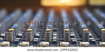 Mixed Dj board. Analog audio mixing console. selective focus