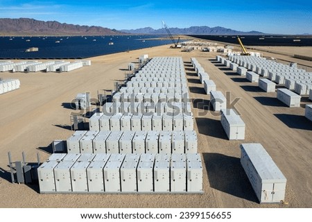 Aerial view of Desert Sunlight Solar Farm battery storage units Royalty-Free Stock Photo #2399156655