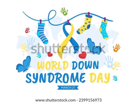 World Down Syndrome Day Vector Illustration on March 21 with Blue and Yellow Ribbon, Earth Map, Unpaired Socks and Kids in Flat Cartoon Background Royalty-Free Stock Photo #2399156973
