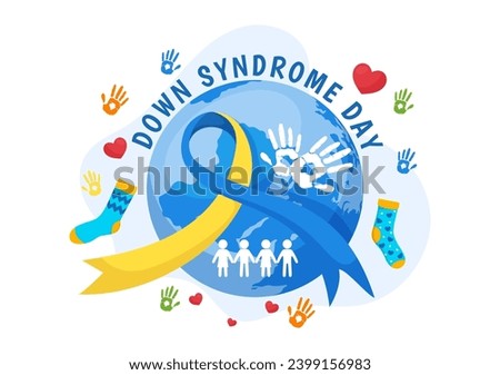 World Down Syndrome Day Vector Illustration on March 21 with Blue and Yellow Ribbon, Earth Map, Unpaired Socks and Kids in Flat Cartoon Background Royalty-Free Stock Photo #2399156983