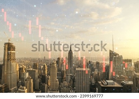Economic crisis chart and world map hologram on New York cityscape background, bankruptcy and recession concept. Multiexposure