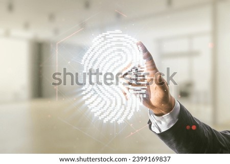 Double exposure of male hand presses on virtual creative fingerprint hologram on blurred office background, research and development concept