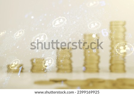 Double exposure of social network icons interface and world map on growing coins stacks background. Networking concept