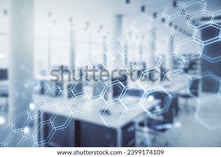 Abstract virtual wireless technology hologram with hexagon on a modern furnished classroom background, artificial intelligence and machine learning concept. Multi exposure