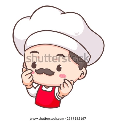 Cute chef love finger sign logo mascot cartoon character. People professional concept design. Chibi flat vector illustration. Isolated white background. 