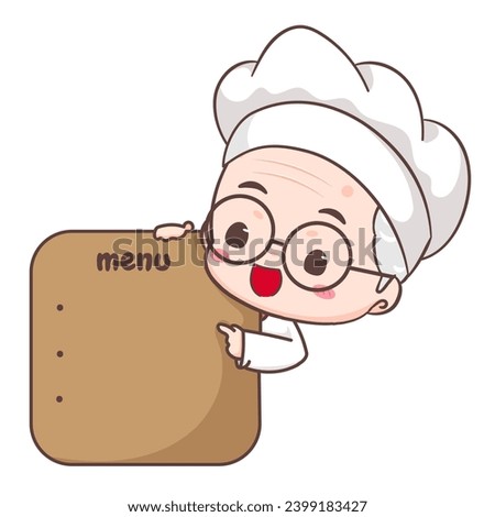 Cute grandfather chef pointing menu board cartoon. Grandpa cooking logo vector art. People Food Icon Concept. restaurant and homemade culinary logo