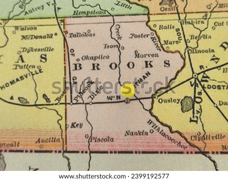 Brooks County, Georgia marked by a yellow tack on a colorful vintage map. The county seat is located in the city of Quitman, GA.