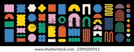 Abstract geometric shapes and icons. Brutal modern contemporary figure arch cloud vawe star oval spiral flower circle and other primitive elements. Swiss design aesthetic. Bauhaus memphis design.