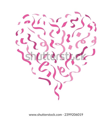 Confetti banner in shape of heart with colorful pink streamer ribbons. Symbol of love. Anniversary, holiday, greeting card for Valentine's day. Flat vector illustration