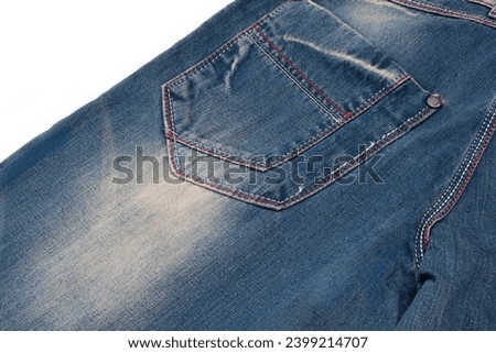 View of Pair of New Blue Denim Jeans on Pure White Background From Above. Horizontal Shot
