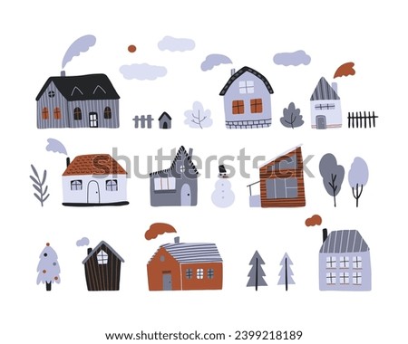 Vector flat illustration set with hand drawn winter village with cute houses and trees. Colorful cozy buildings with smoke from the chimney. Modern design elements.