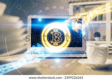 Multi exposure of blockchain theme hologram and table with computer background. Concept of bitcoin crypto currency.