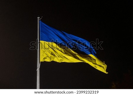 Ukrainian national official flag blowing on a night sky background