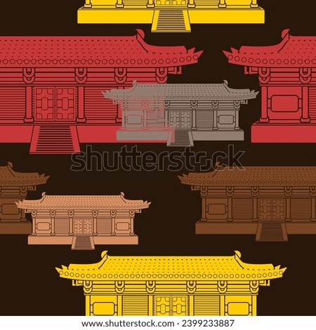 Editable Flat Monochrome Style Wide Traditional Chinese Building Vector Illustration in Various Colors as Seamless Pattern With Dark Background for Oriental History and Culture Related Design Royalty-Free Stock Photo #2399233887