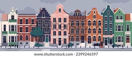UK town houses row. London townhouses, English homes. Old British architecture, residential apartment buildings exterior. Classical traditional residence facades in England. Flat vector illustration Royalty-Free Stock Photo #2399246597