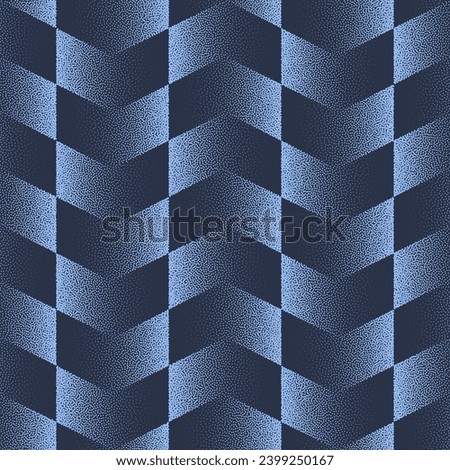 Bold Mod Chevron Check Seamless Pattern Trend Vector Blue Colour Abstract Background. Striking Design Graphic Stylish Abstraction Textile Print. Repetitive Dotwork Wallpaper. Halftone Art Illustration