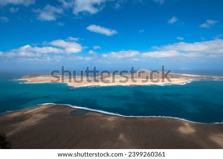 Spectacular Panorama view of the small island of La Graciosa. Seen from the Mirador del Rio on Lanzarote. 
Spain, Europe